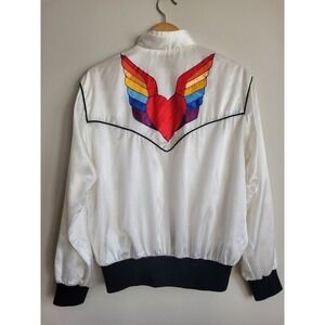 Vintage Heat Wave Satin Bomber Jacket White Rainbow Winged Heart USA Made Large